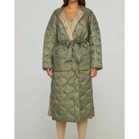 Carbon38 Puffer Trench Coat Womens Large NWT Green Blanket Onion Quilted Long Be - Picture 2 of 10